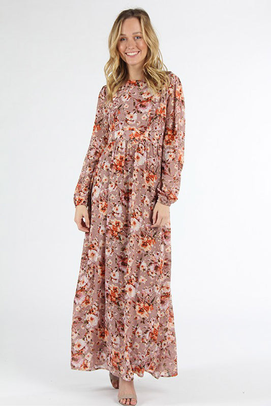 Adelaide Fit Flare Floral Print Maxi Polyester Mauve Front